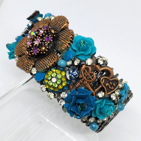 Victorian Steampunk High Detail Copper Turquoise Rose Rhinestone Cuff Bracelet - Picture 2 of 14